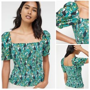 Dolan Left Coast Anthropologie Smocked Puff-Sleeved Top in Green Motif Size XS